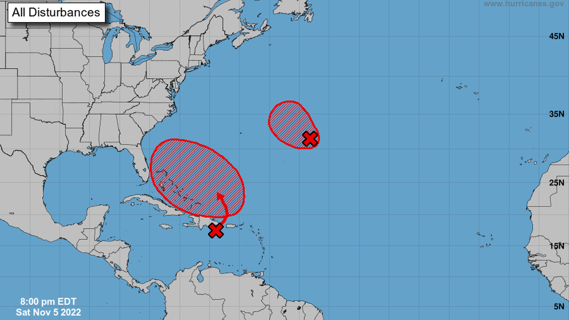 The National Hurricane Center tropics map at 8 p.m. Saturday, Nov. 5, 2022. The red X near map’s bottom is the one Florida and the east coast will be watching by Election Day.