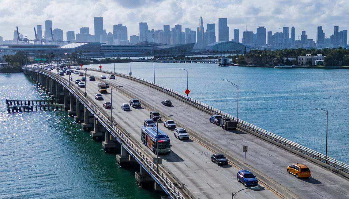 View of traffic on the MacArthur Causeway entering Miami Beach, during the opening day of the 2025 Discover Boating Miami International Boat Show, on Wednesday, Feb. 12, 2025.