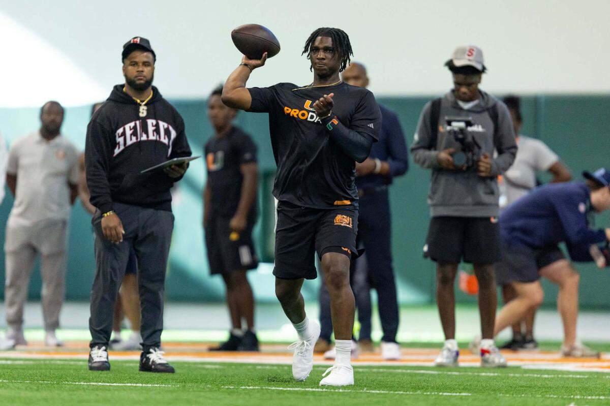Former Hurricanes QB Cam Ward throws the ball during University of Miami’s Pro Day at Carol Soffer Indoor Practice Facility on Monday, March 24, 2025, in Miami, Florida.