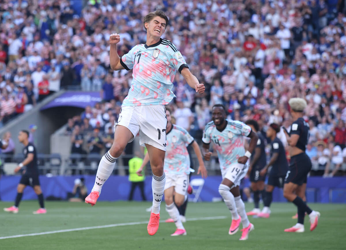 SEATTLE, WASHINGTON - JULY 06: Charles De Ketelaere #17 of Belgium celebrates after scoring his team's first goal during the FIFA World Cup 2026 Round of 16 match between USA and Belgium at Seattle Stadium on July 06, 2026 in Seattle, Washington. (Photo by Alex Grimm/Getty Images)
