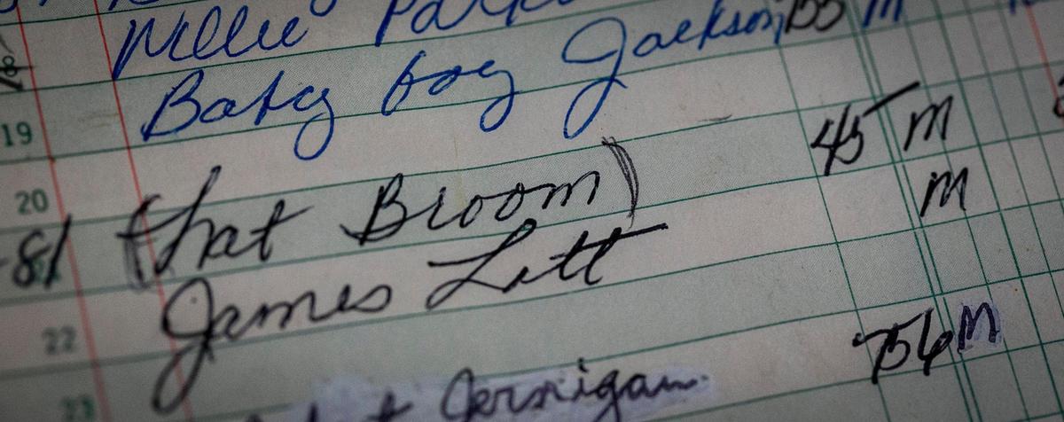Miami, Florida, May 7 2021 - The name Nat Broom appears in a handwritten ledger that was given to retired detective Jerry Lynn Dellamico by the new owner of Lincoln Memorial Park. This led to the finding of the grave that is believed to be that of officer Nathaniel Broom.