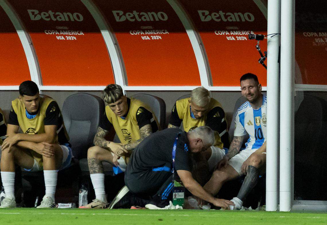 Argentina forward Lionel Messi (10) reacts from the bench after being subbed out of his Copa America 2024 Final soccer match against Colombia at Hard Rock Stadium on Sunday, July 14, 2024, in Miami Gardens, Fla.