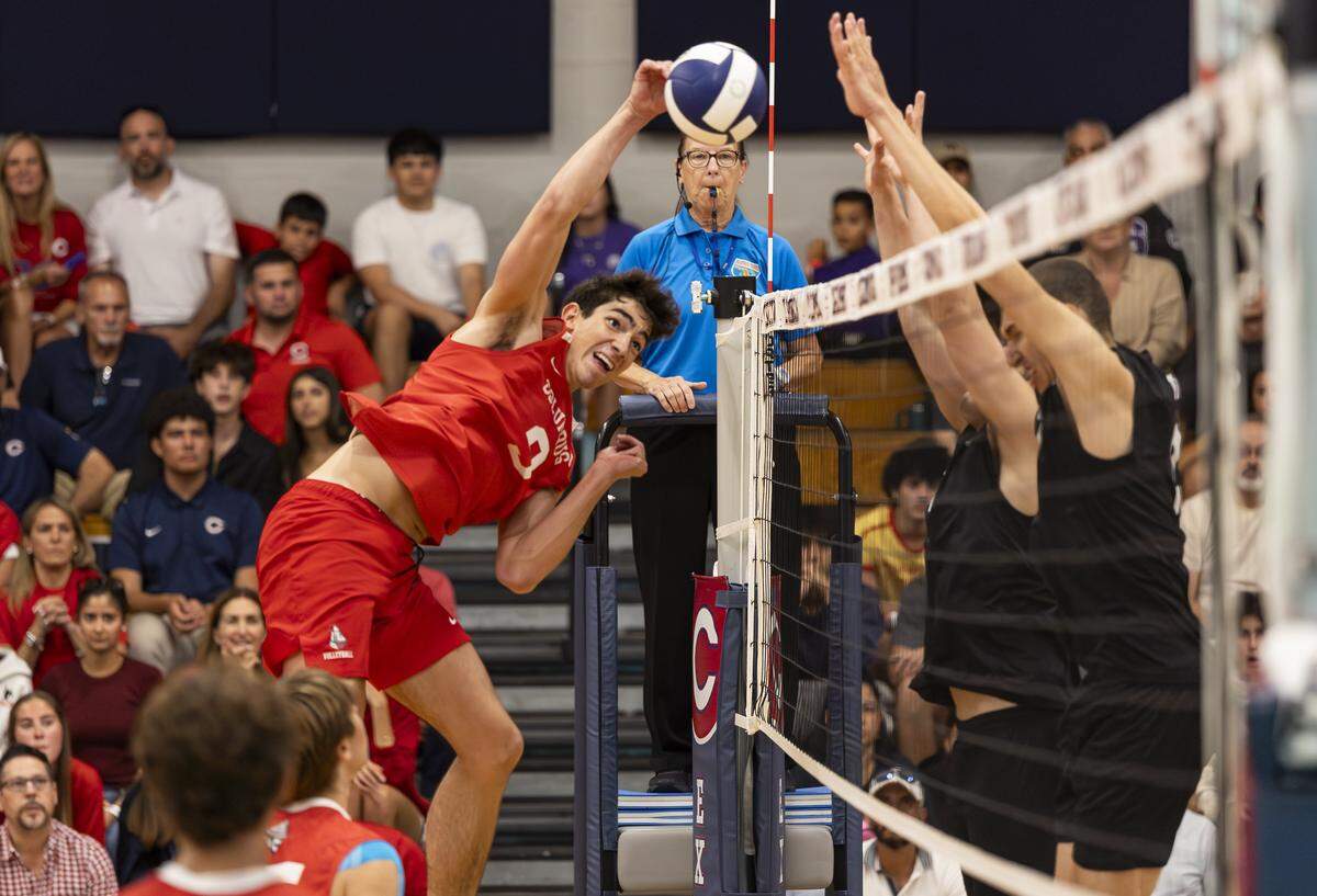 Columbus Explorers Lucas Riva (9) goes to spike the ball against the Southwest Eagles during their high school volleyball regional final at Christopher Columbus High School on Friday, May 8, 2026, in Miami, Fla.
