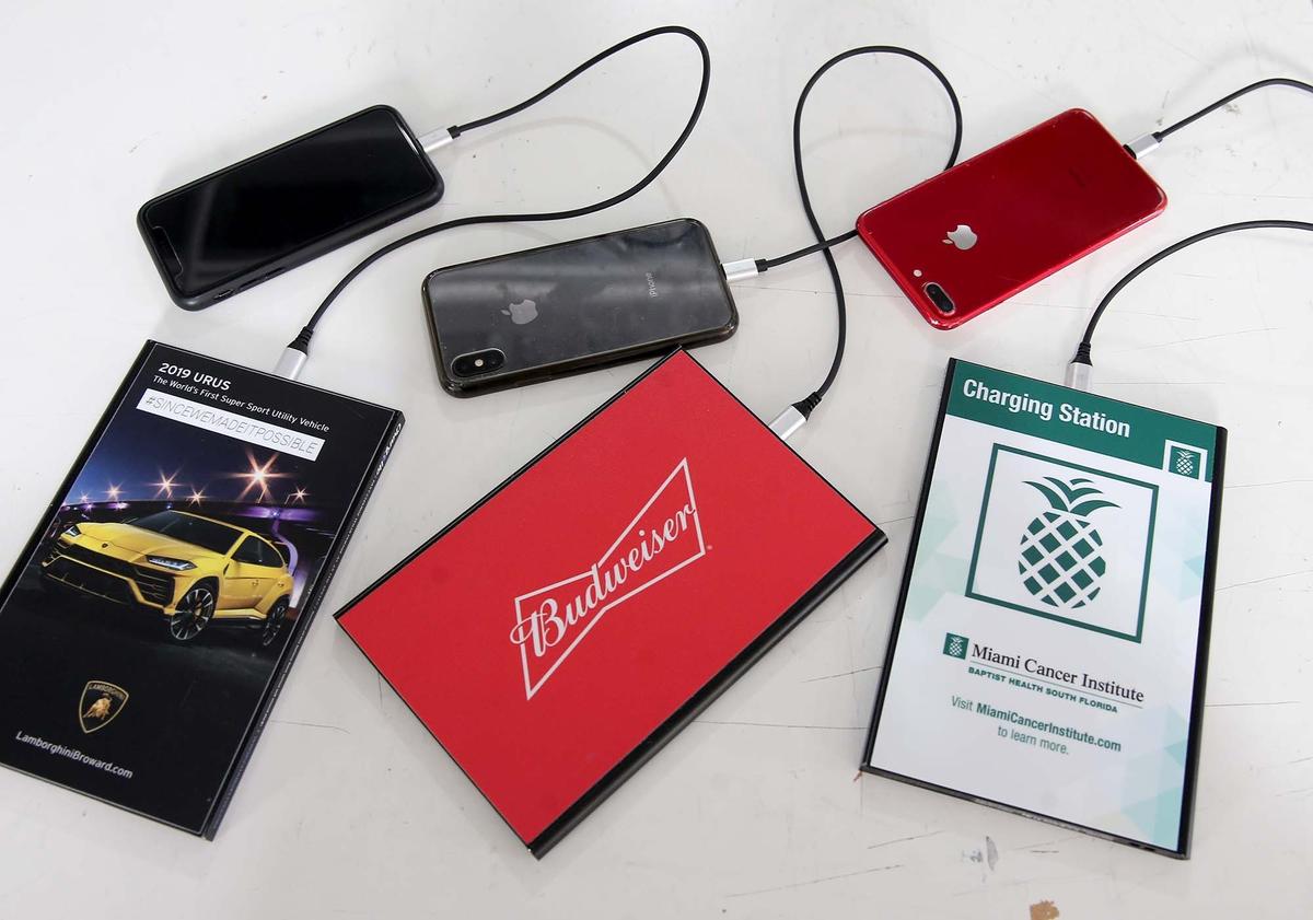 Cell phone chargers used by Chargello, Miami, Florida, Tuesday, July, 9, 2019. Chargello, a Wynwood base company, provides venues with portable chargers for cell phones to help their customers keep their phones charged. The company also uses then devices for marketing.