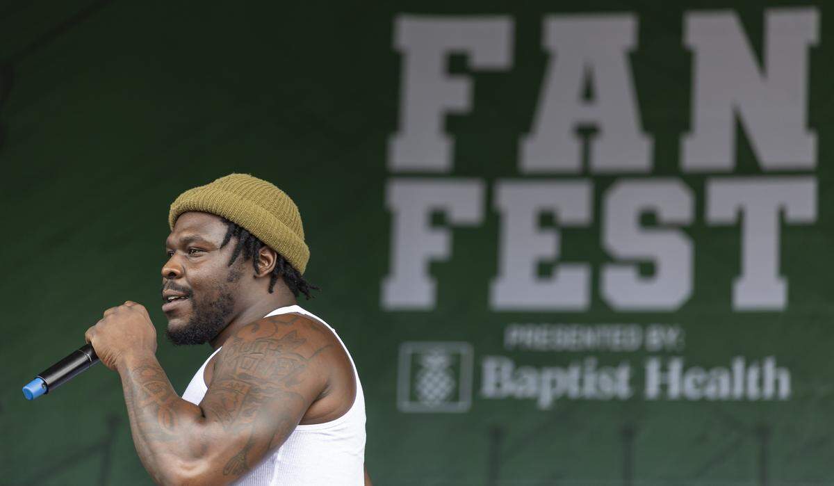 Major Nine performs during a fan festival before the Orange Blossom Classic football game between the Florida A&M Rattlers and the Howard Bison at Hard Rock Stadium on Saturday, Aug. 30, 2025, in Miami Gardens, Fla.