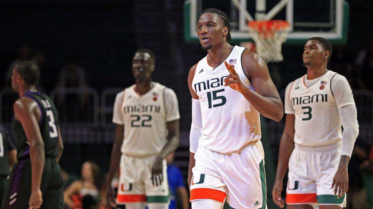 Miami  Hurricanes center Ebuka Izundu (15) gestures as he walks off the court in the second half as the University of Miami hosts Stephen F. Austin at Watsco Center in Coral Gables on November 13, 2018.