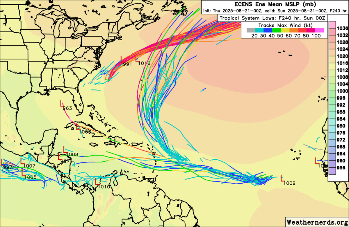 The long-range European model suggests that the first disturbance in the Atlantic could curve north, away from the Caribbean and U.S. The second one, farther to the east, could either peter out early or follow a low track through the Caribbean.