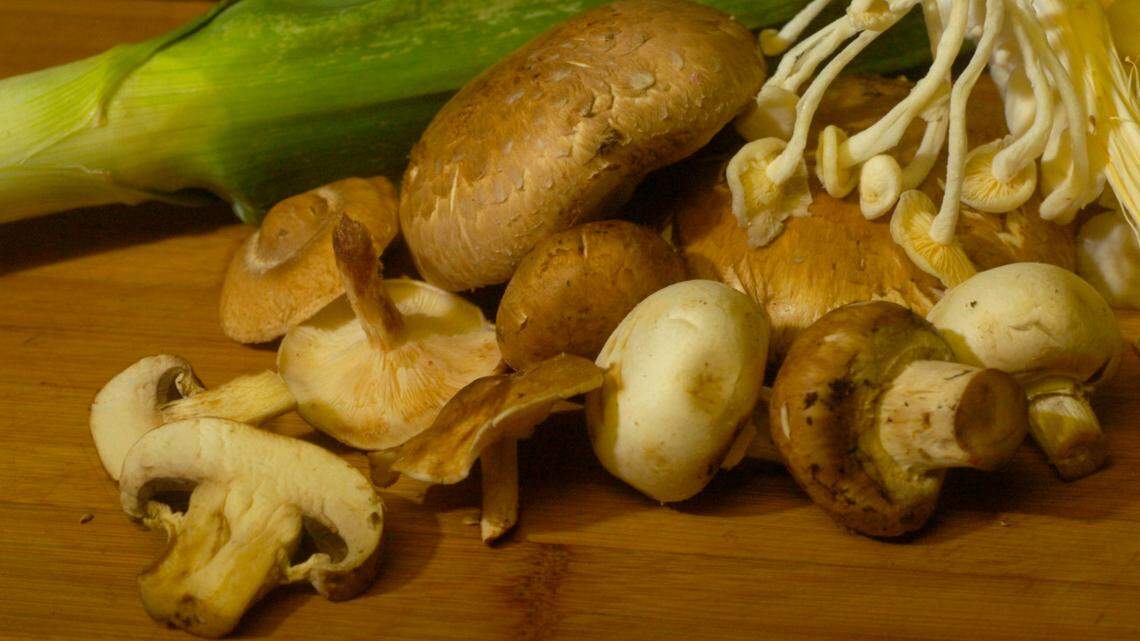 File photo from 2006 of creminis, shiitakes, portabellos and enoki mushrooms. The enokis are the thin, white bulbs at top right.