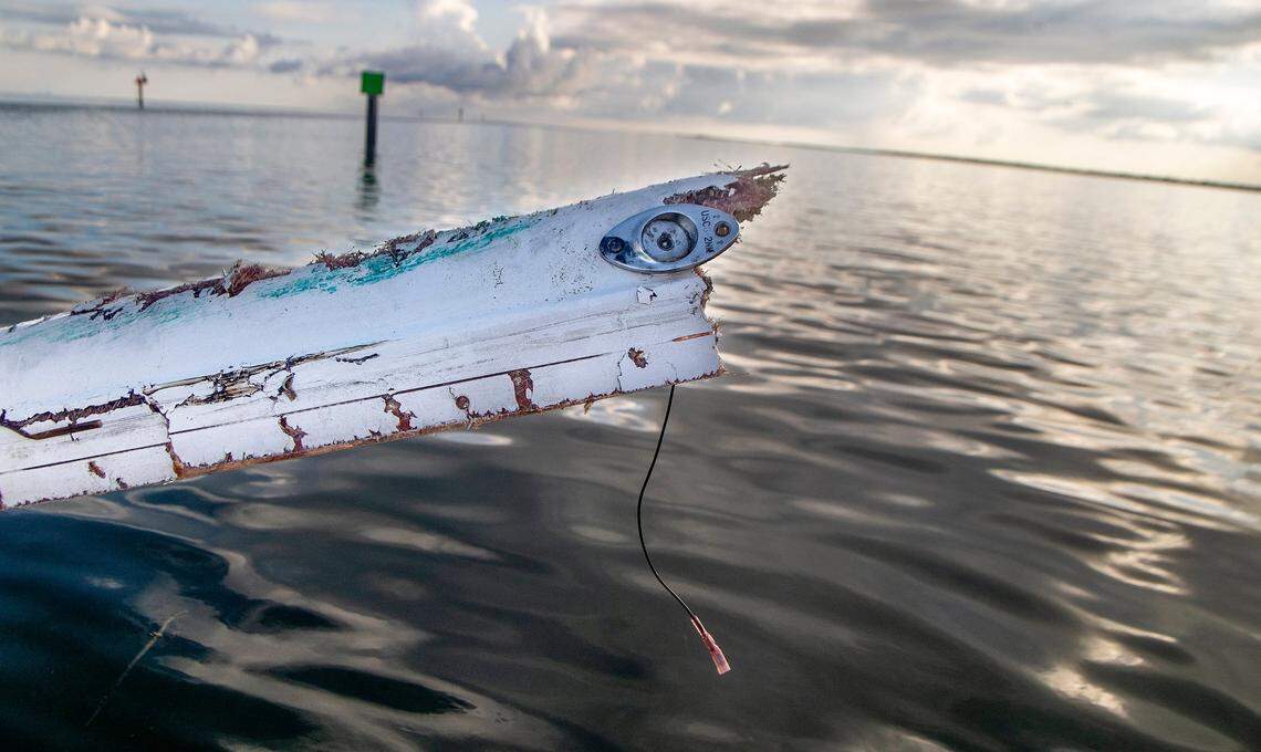 A fiberglass piece from the hull of a boat that crashed into channel marker #15 in the Intracoastal Waterway on Labor Day weekend.