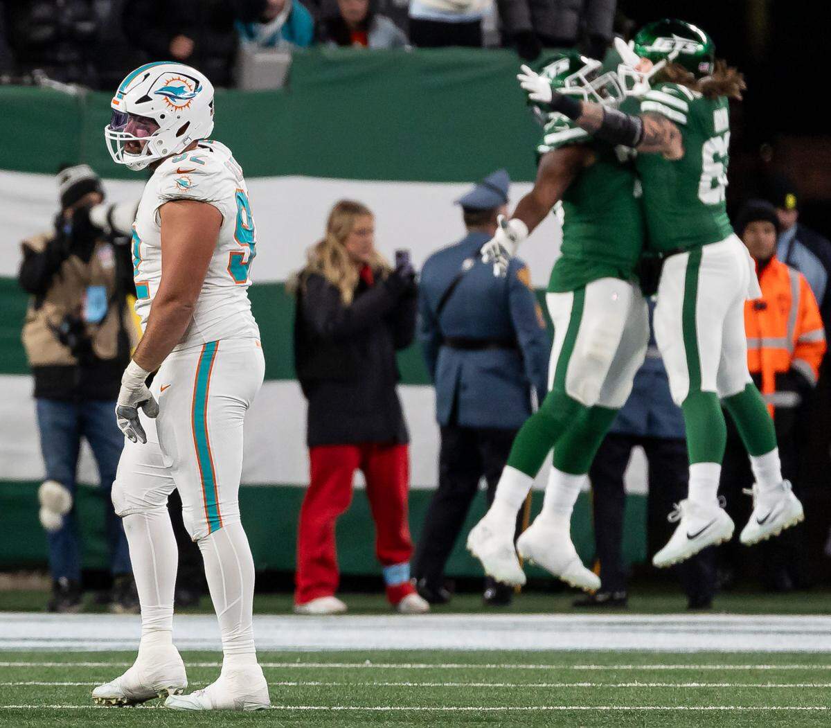 Miami Dolphins defensive tackle Zach Sieler (92) reacts after the New York Jets scored a touchdown in the second half of their NFL game at the MetLife Stadium on Sunday, Jan. 5, 2025, in East Rutherford, N.J.