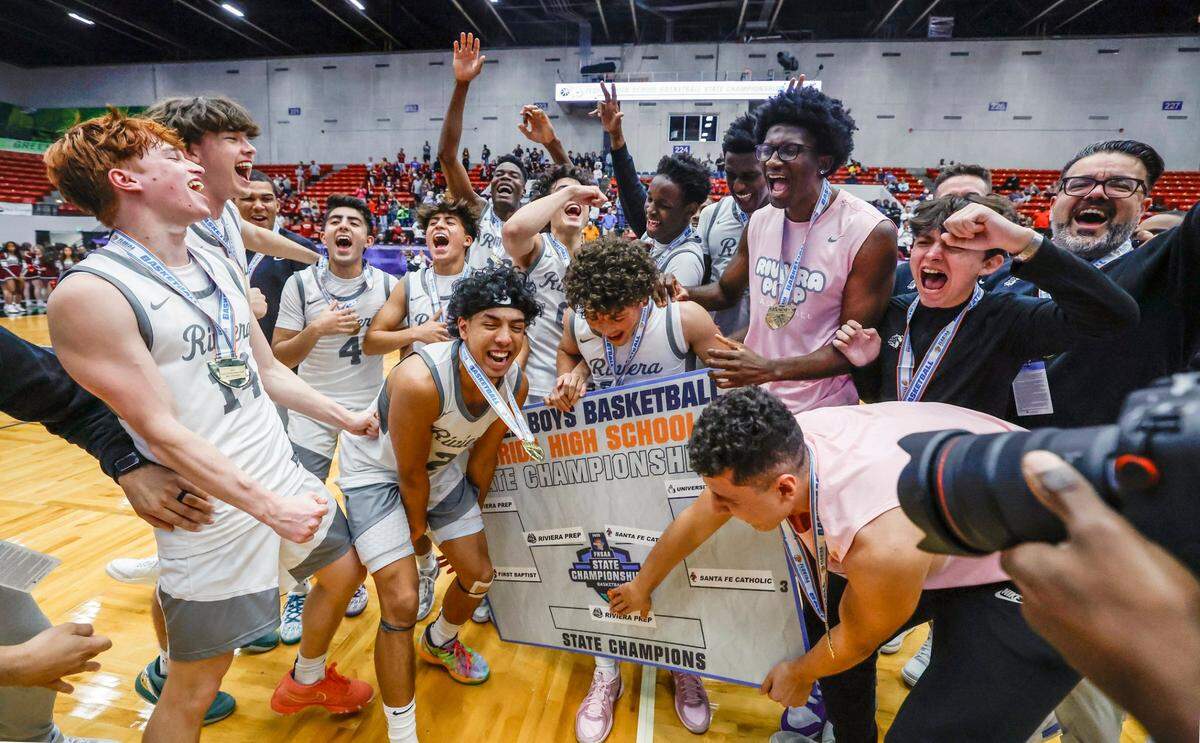 Riviera Prep celebrates after defeating Santa Fe Catholic in for the FHSAA Class 2A Boys High School Basketball State Championship