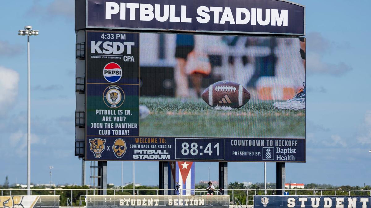 A general view of the jumbotron at Pitbull Stadium before the start of a NCAA DI football game between the FIU Panthers and Central Michigan Chippewas on Saturday, Sept. 7, 2024, in Miami, Fla.