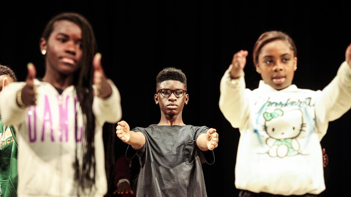 Richmond Heights Middle School students learn Revelations: An Interdisciplinary Approach Residency on Thursday, Feb. 7, Mr. Alvin Ailey’s signature work which Alvin Ailey American Dance Theater will be performing Feb. 14-17 at the Arsht Center in downtown Miami. The Ailey organization, in collaboration with the Adrienne Arsht Center, uses dance to educate young people.