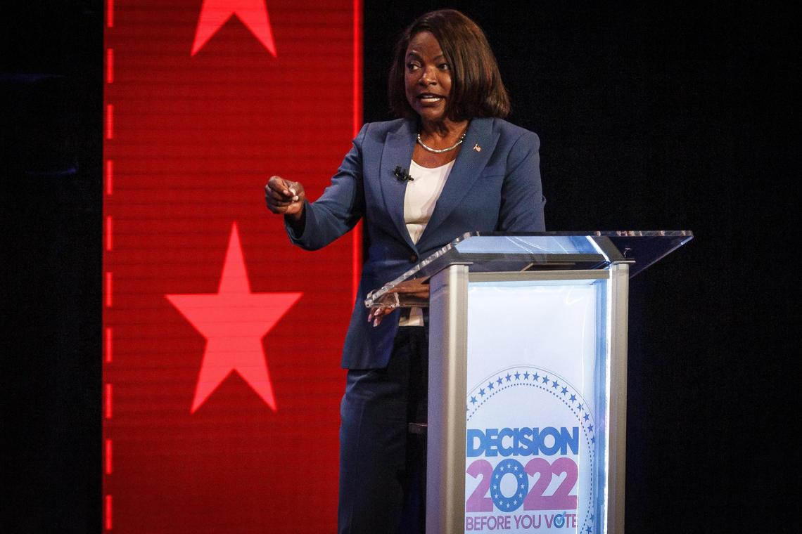 U.S. Rep. Val Demings, D-Fla., participates in a televised debate with Sen. Marco Rubio, R-Fla., at Duncan Theater on the campus of Palm Beach State College in Palm Beach County, Fla., on Tuesday, Oct. 18, 2022.