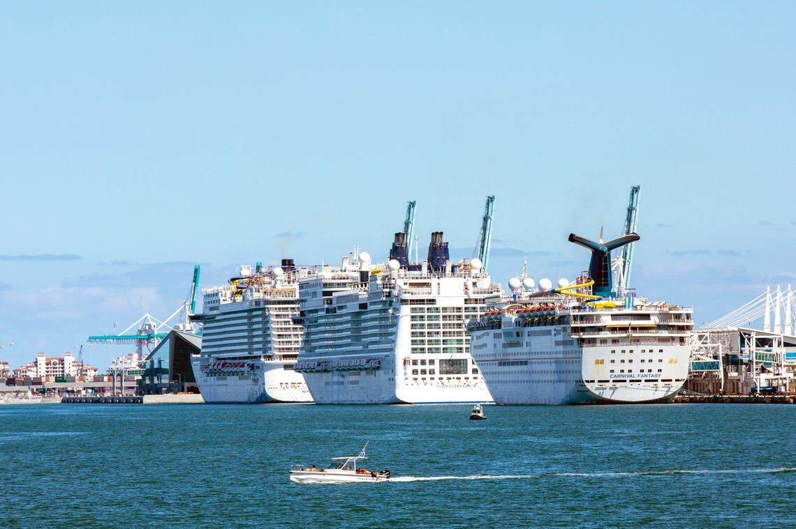 Cruise ships are docked and lined up at Port of Miami in Miami, Florida on Monday, May 4, 2020.