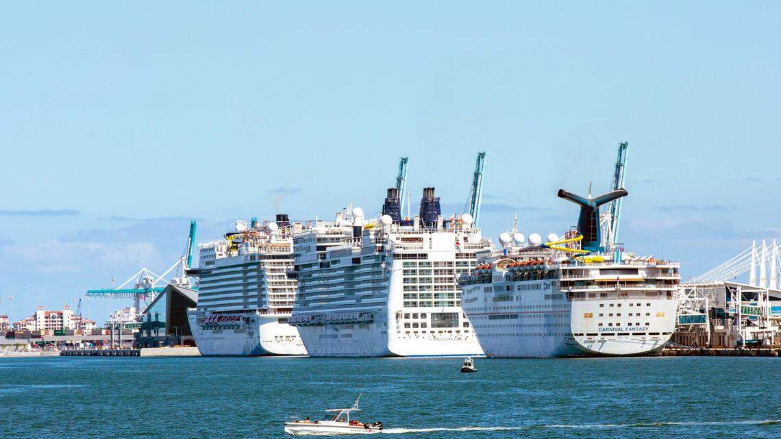 Cruise ships are docked and lined up at Port of Miami in Miami, Florida, on Monday, May 4, 2020.