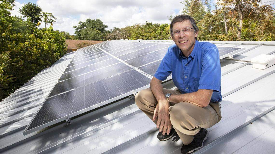 Former South Miami Mayor Phillip Stoddard shows the solar panels installed on the roof of his energy-efficient home on Saturday, April 13, 2019.