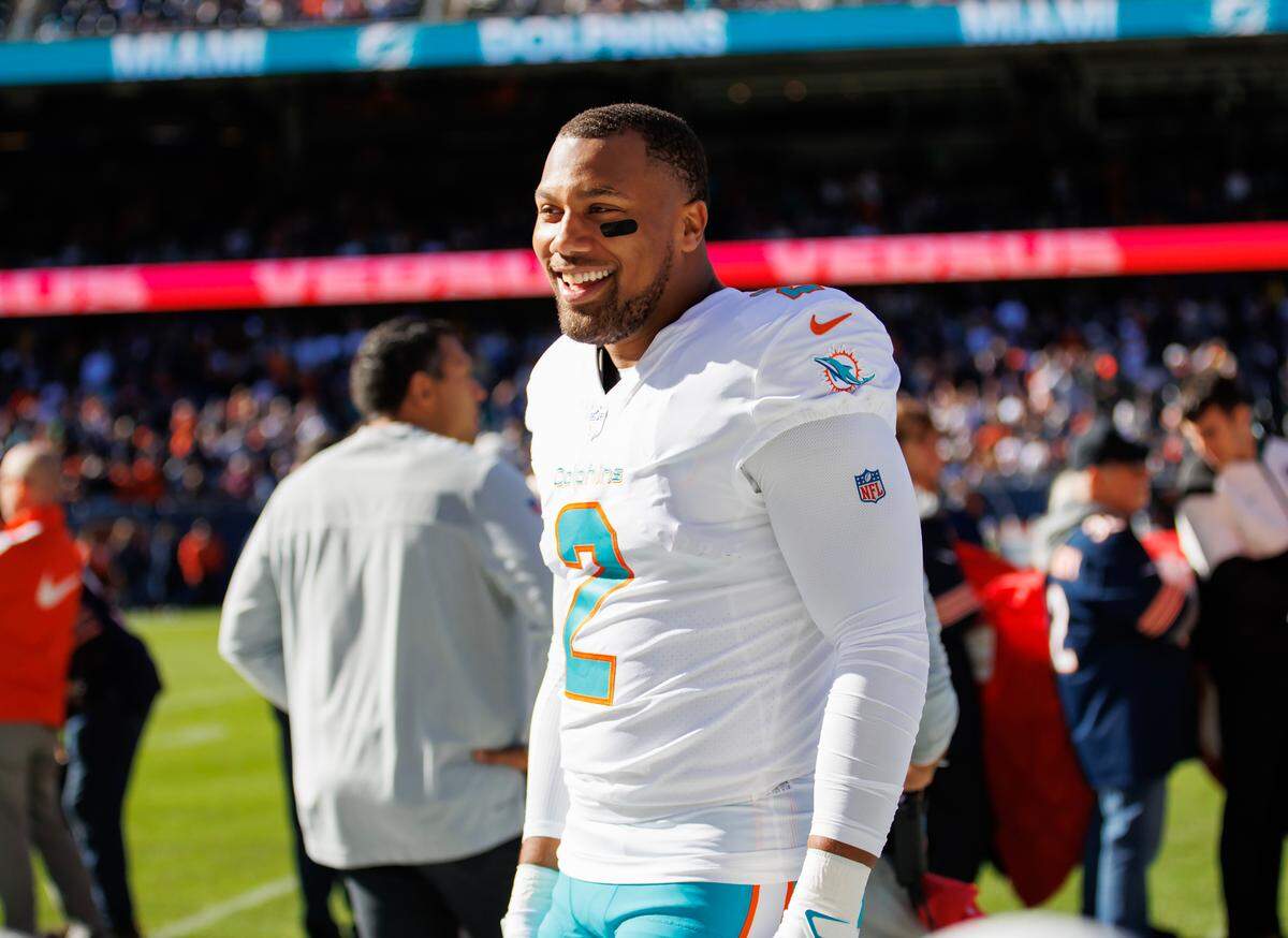 Miami Dolphins linebacker Bradley Chubb (2) looks from the sideline before the start of an NFL football game against the Chicago Bears at Soldier Field on Sunday, November 6, 2022 in Chicago, Illinois.