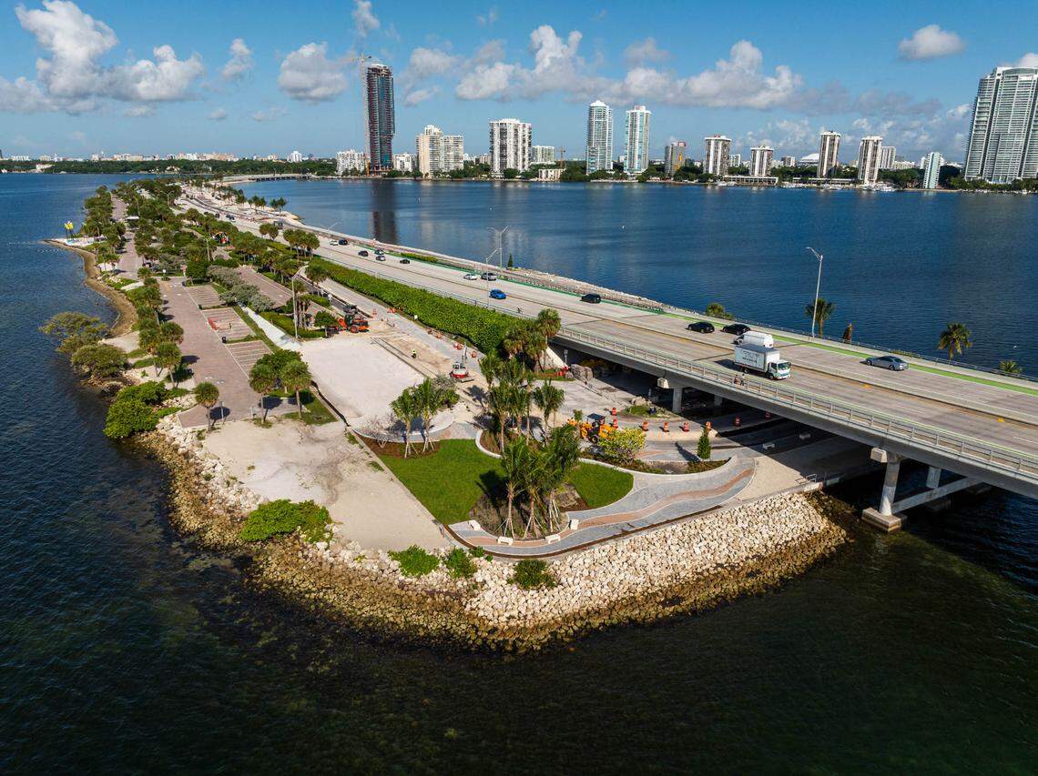 The east end of the nearly complete restoration project on North Hobie Island Beach on Miami’s Rickenbacker Causeway as seen from above in October of 2024.