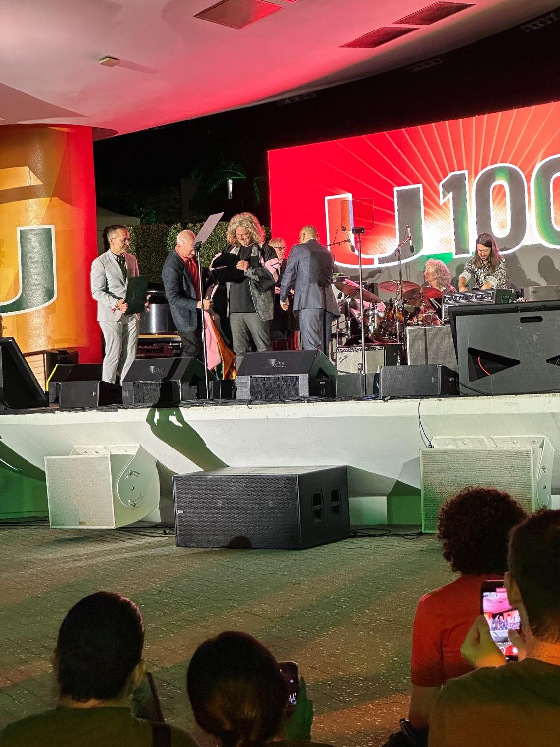 Pat Metheny is presented an honorary doctorate in music from the University of Miami after performing at the U 100 Centennial Celebration on Lakeside Patio on April 8, 2025.