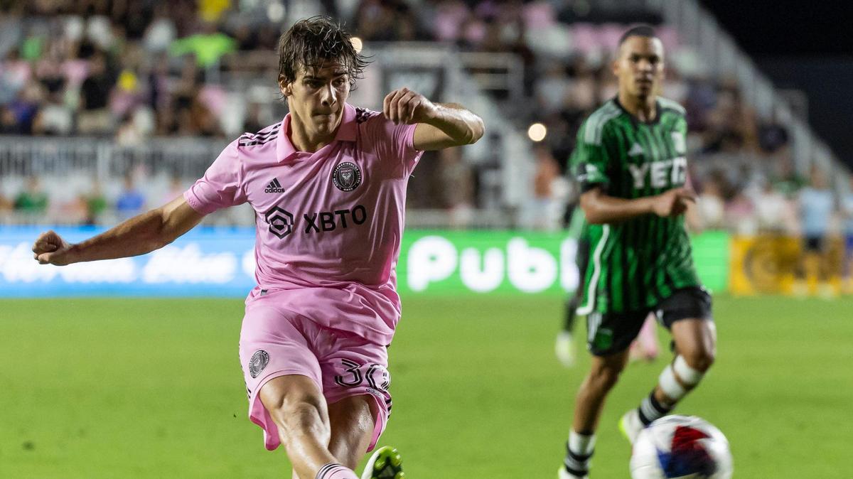 Inter Miami midfielder Benjamin Cremaschi (30) takes a shot toward goal against Austin FC in the second half of their MLS match at DRV PNK Stadium on Saturday, July 1, 2023, in Fort Lauderdale, Fla.