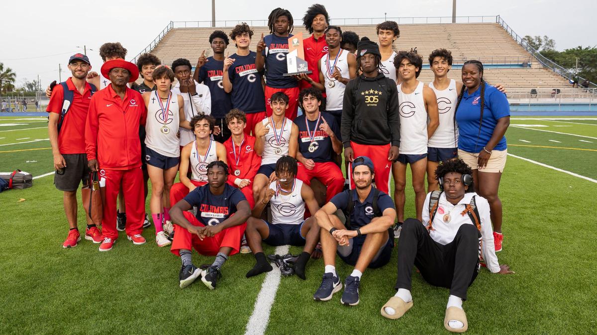 Christopher Columbus High School boys track and field team is photographed after winning the GMAC track and field championships at the Traz Powell Stadium on Thursday, April 11, 2024, in Miami, Fla.