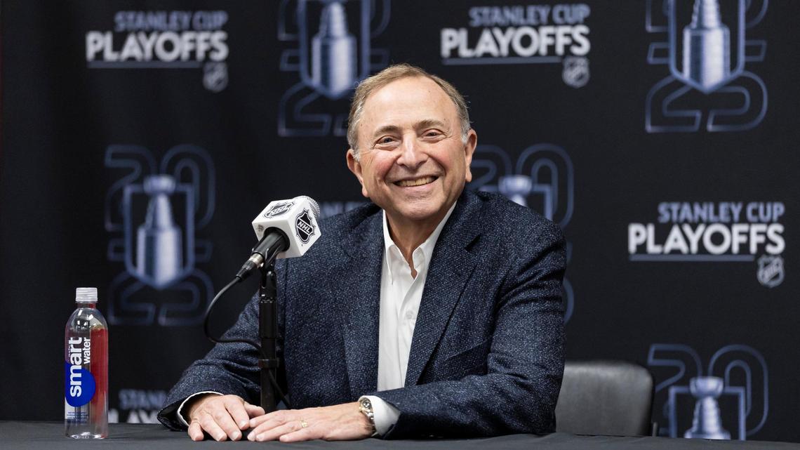 Gary Bettman, the Commissioner of the NHL, speaks with the media before the start of Game 3 of a second-round Stanley Cup playoffs series between the Florida Panthers and the Toronto Maple Leafs at the Amerant Bank Arena on Friday, May 9, 2025, in Sunrise, Fla.