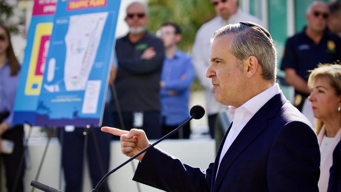 Miami Beach Mayor Steven Meiner speaks during a press conference in front of the Miami Beach Police Department in South Beach on Feb. 15, 2024.