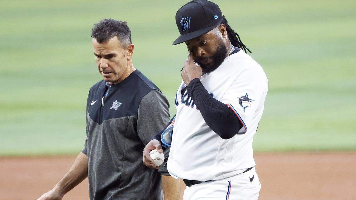Apr 3, 2023; Miami, Florida, USA; Miami Marlins starting pitcher Johnny Cueto (47) is removed from the game against the Minnesota Twins during the second inning at loanDepot Park. Mandatory Credit: Rhona Wise-USA TODAY Sports