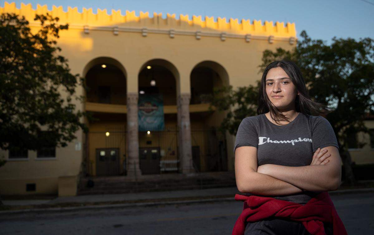 Miami Senior High School sophomore Amor Rodriguez, 15, is photographed outside of her school’s gym on Friday, Feb. 3, 2023. She’s on the flag football team.