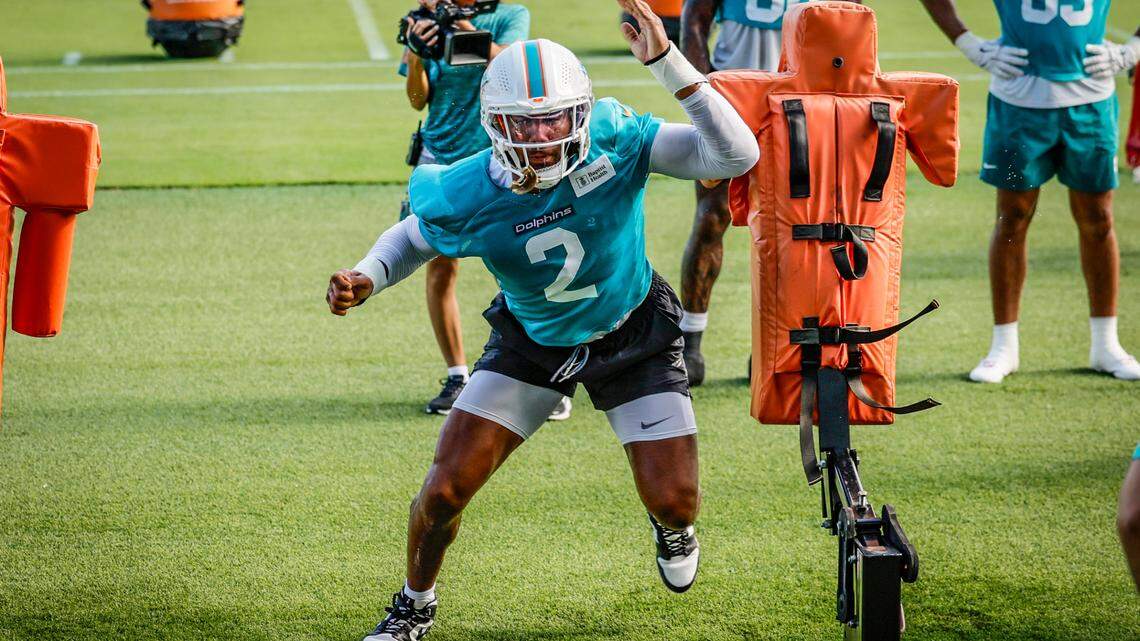 Miami Dolphins linebacker Bradley Chubb (2) runs through drills during practice at Miami Dolphins Training Camp in Miami Gardens, Florida, on Thursday, July 24, 2025.