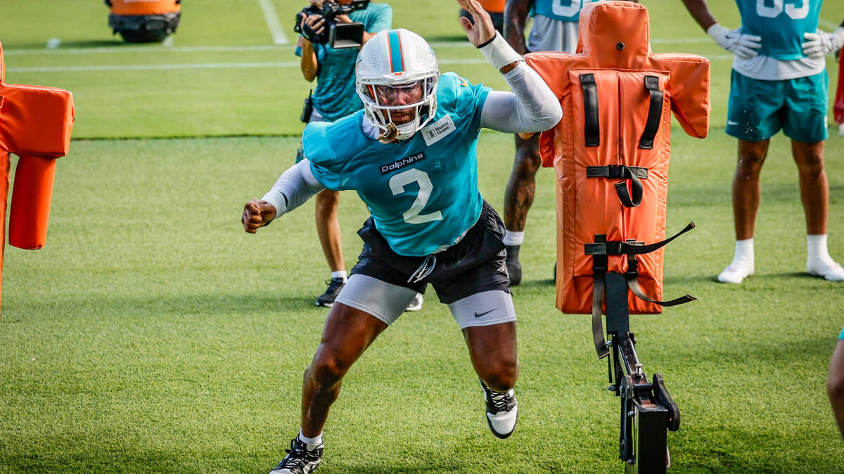 Miami Dolphins linebacker Bradley Chubb (2) runs through drills during practice at Miami Dolphins Training Camp in Miami Gardens, Florida, on Thursday, July 24, 2025.