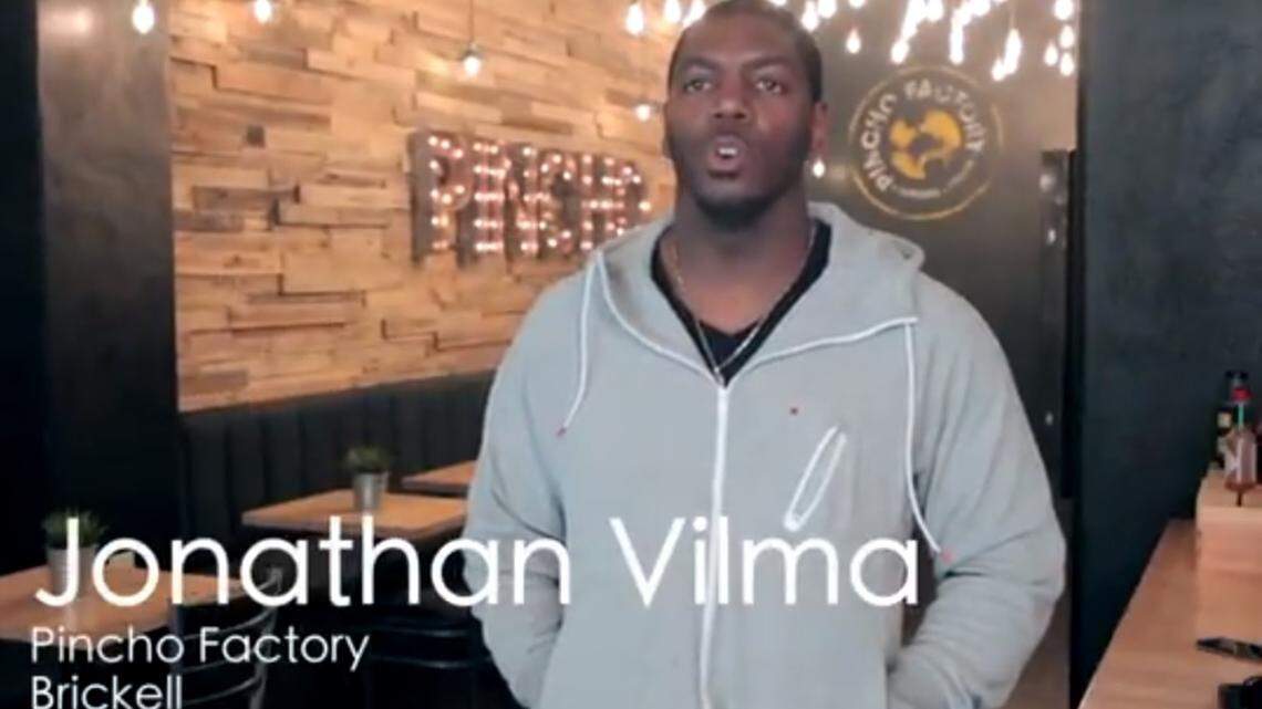 Former University of Miami football star Jonathan Vilma, pictured here in a promotional video for the design work done on his Pincho Factory restaurant. He is suing the restaurant chain over a business dispute.