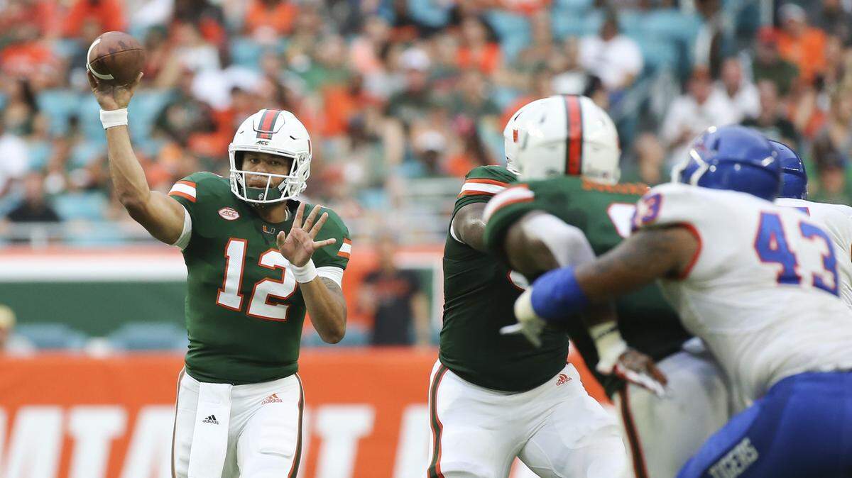 Miami Hurricanes quarterback Malik Rosier (12) looks to pass against Savannah State on Saturday. Rosier is determined to improve his accuracy, which remains his biggest shortcoming.