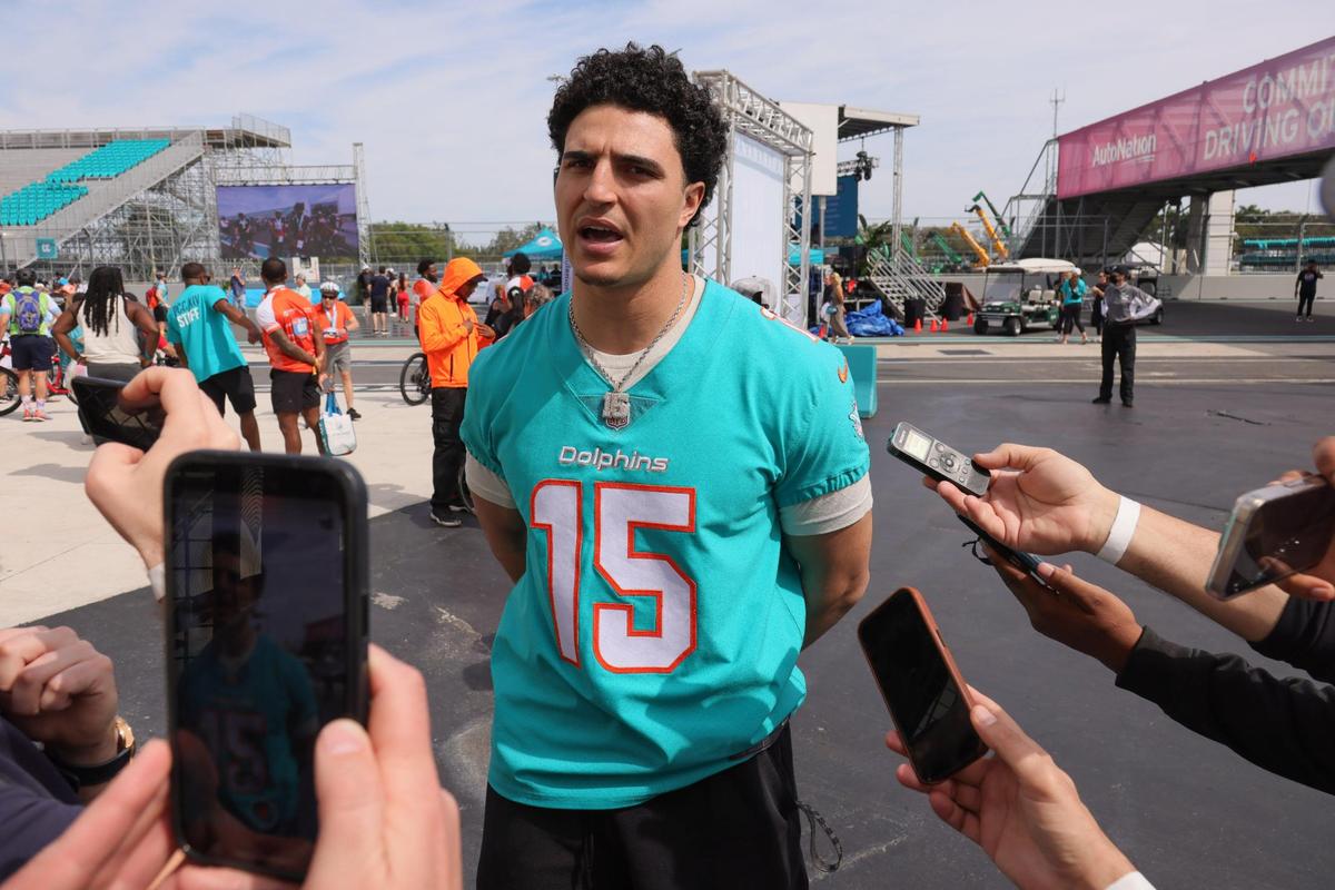 Miami Dolphins Jaelan Phillips talks to reporters during the Dolphins Challenge Cancer XIV event at Hard Rock Stadium in Miami Gardens, Florida, Saturday, February 24, 2024. The DCC unites the community with 100 percent of participant raised-funds going towards life-saving cancer research at Sylvester Comprehensive Cancer Center.