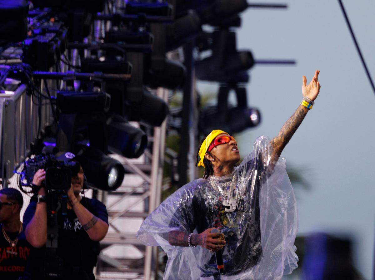 Swae Lee gets brought on stage as a guest DJ Steve Aoki on the Main Stage during the third day of Ultra Music Festival on Sunday, March 30, 2025, at Bayfront Park in downtown Miami, Fla. 