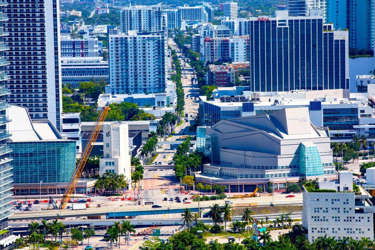 An aerial view of Biscayne Boulevard overlooking the Pérez Art Museum Miami, I-395 West, and the Adrienne Arsht Center for the Performing Arts in downtown Miami on May 14, 2020.