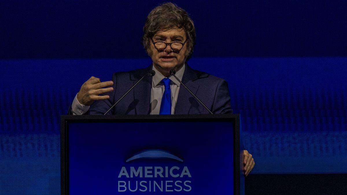 President of Argentina Javier Milei, speaks during day two of the America Business Forum, at the Kaseya Center in Miami, on Thursday November 06, 2025.
