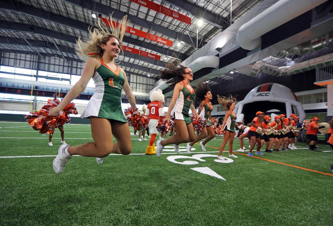 University of Miami Cheerleaders perform during dedication of the Carol Soffer Indoor Practice Facility at the University of Miami in Coral Gables on Thursday, October 11, 2018. The Canes opened 2019 spring football practice inside the facility.