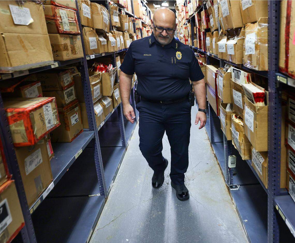 Chief Manuel “Manny” Morales walks through the Evidence Room of the Miami Police Department Headquarters, where the lower shelves are left empty due to water intrusion inside the lower level of the fifty-year-old building. Miami Mayor Eileen Higgins toured the city's police and fire facilities in Miami, Florida on Monday, April 20, 2026. Higgins is proposing a general obligation bond to fund critical repairs and upgrades to aging public safety buildings, citing concerns over deteriorating conditions that threaten effective emergency response and community safety.