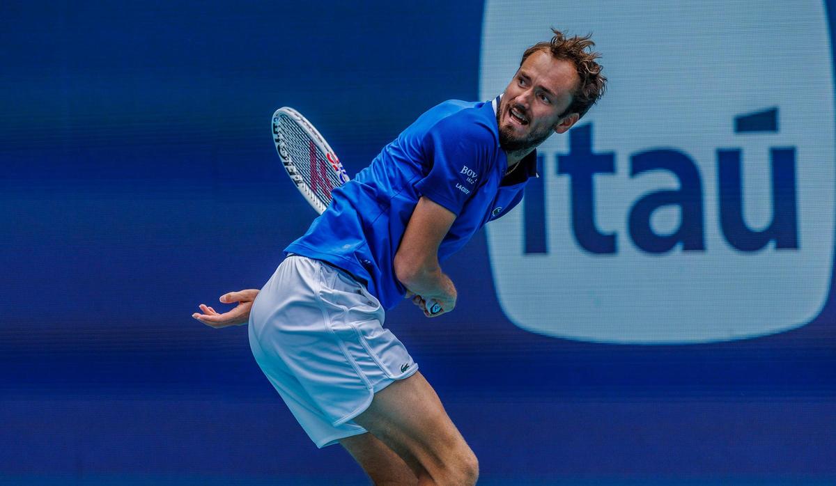 Daniil Medvedev, of Russia reacts as he misses a shot by Jannik Sinner, of Italy during the men’s single men’s semifinals at the Miami Open tennis tournament, on Friday, March 29, 2024.