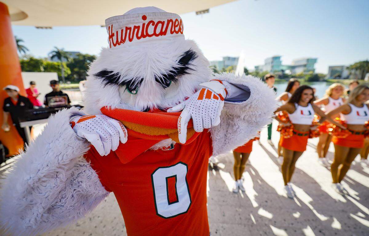 Miami Hurricanes mascot Sebastian the Ibis, on stage Friday at a Miami Hurricanes pep rally on campus.