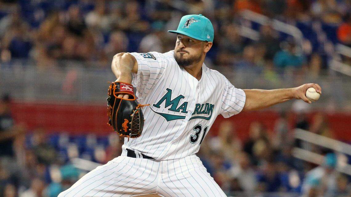 Marlins pitcher Caleb Smith (31) throws a pitch in the first inning as the Miami Marlins host the San Diego Padres at Marlins Park on Friday, June 8, 2018. 