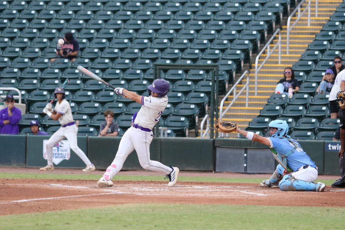 True North third baseman Carlos Victorero lines a hit into the outfield during Monday’s Class 2A state baseball semifinal at Hammond Stadium in Fort Myers, Fla.