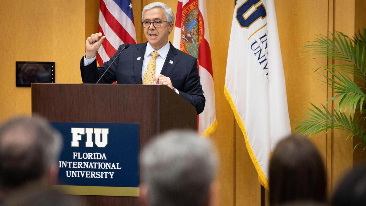Dr. Juan Cendan, dean of FIU’s Herbert Wertheim College of Medicine, speaks during a ceremony announcing the launch of a new clinical, research and academic collaboration between FIU and Nicklaus Children’s Health System on Monday, May 19, 2025, at Florida International University campus in Miami, Fla.