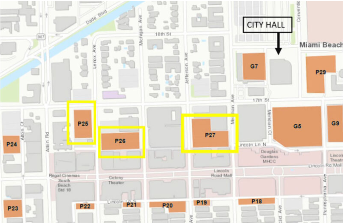 City of Miami Beach commissioners want to replace three parking lots, outlined above in yellow, with office space.
