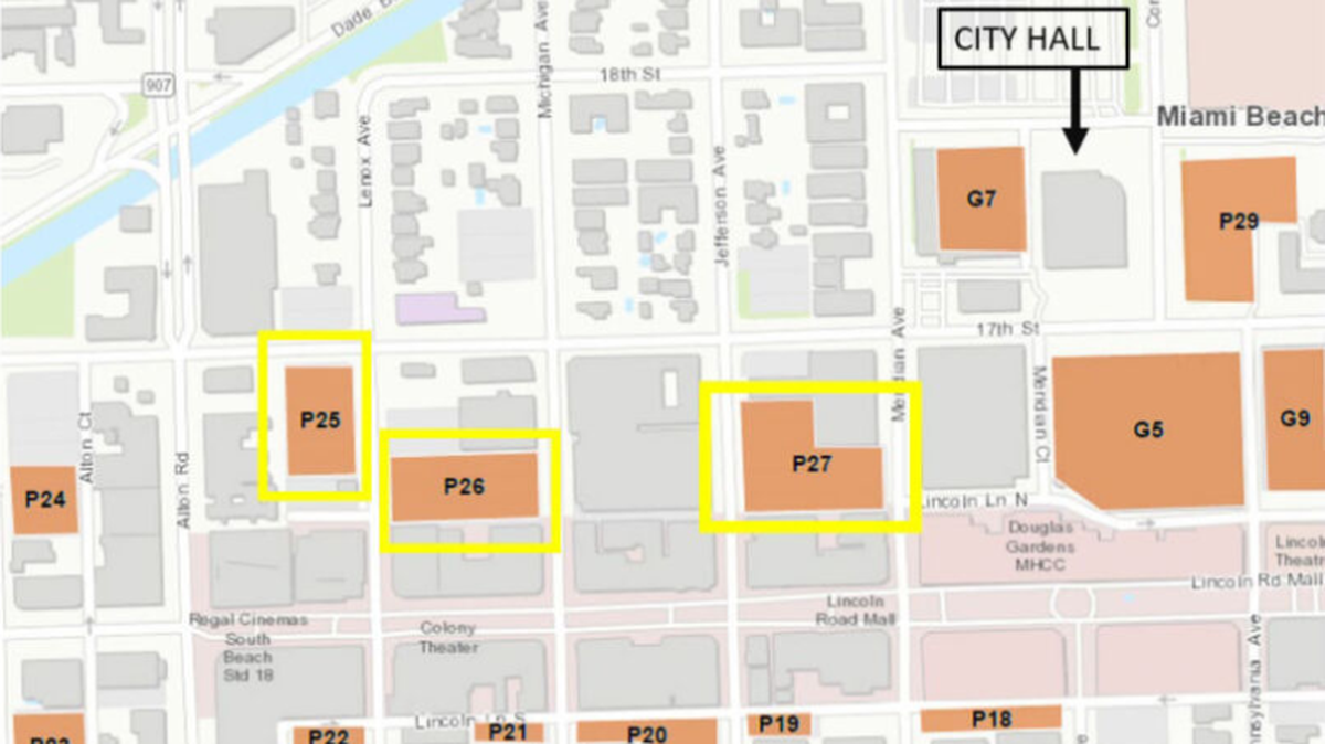 City of Miami Beach commissioners want to add 383,439 square feet of new office space near Lincoln Road. Above: A map of the locations of the three parcels of land, provided in the city’s solicitation on BidSync.