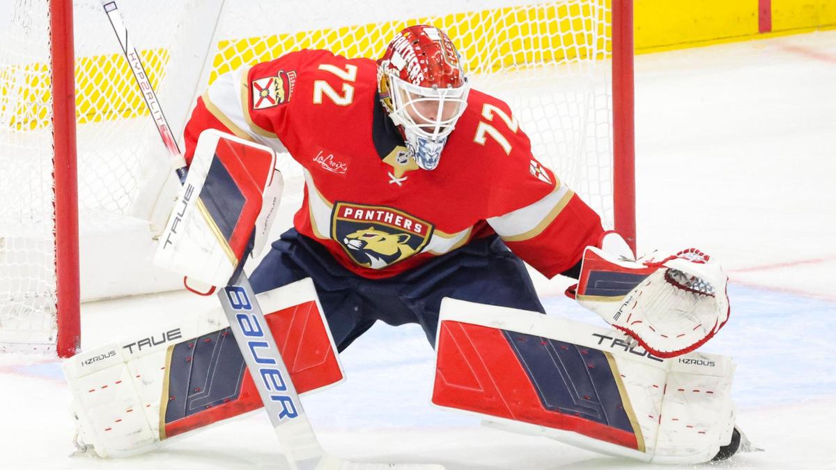 Florida Panthers goaltender Sergei Bobrovsky (72) blocks a shot by Columbus Blue Jackets center Boone Jenner (38) during the second period of a game on Thursday, March 6, 2025, at Amerant Bank Arena in Sunrise, Fla.