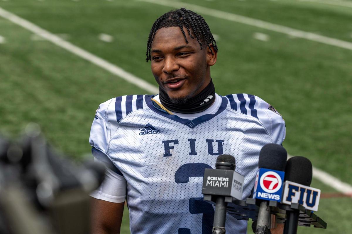 Florida International University running back Ajay Allen speaks to media after the first day of Spring Practice on campus at the practice fields on Tuesday, March 4, 2025, in Miami, Florida.