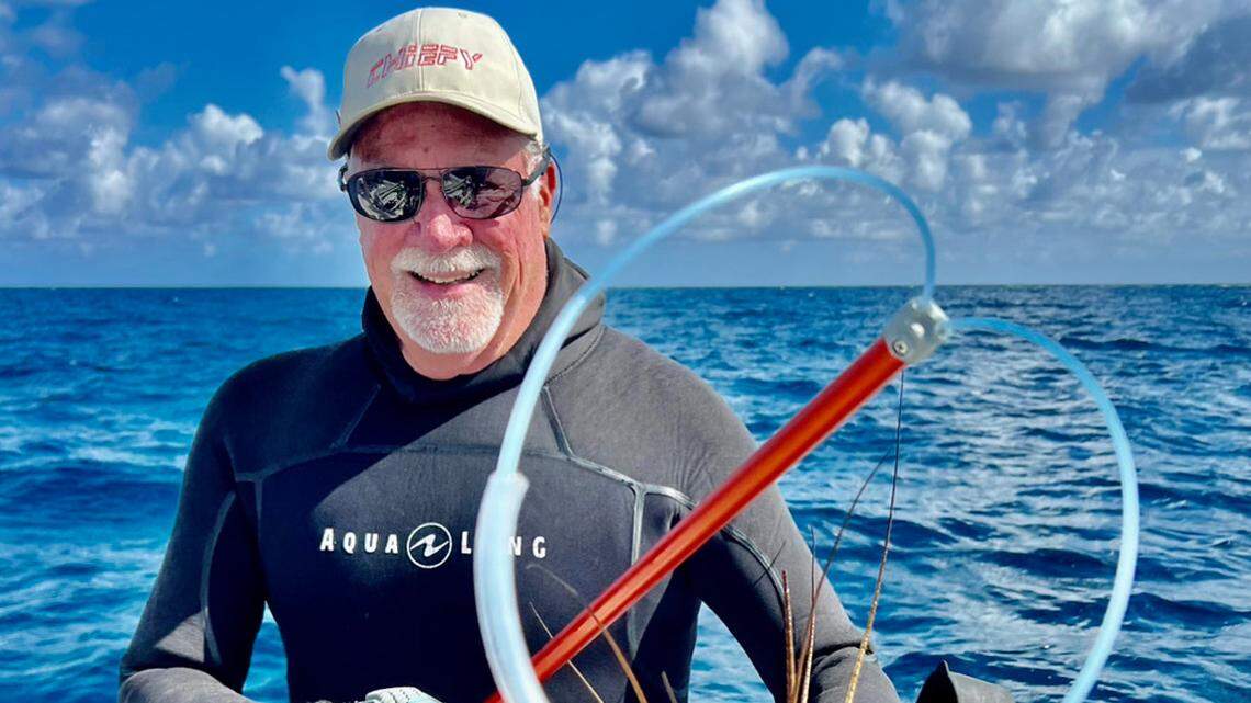 Jim “Chiefy” Mathie of Deerfield Beach with a prototype of his new Chiefy snare that is now available for lobster miniseason, which is July 26-27.